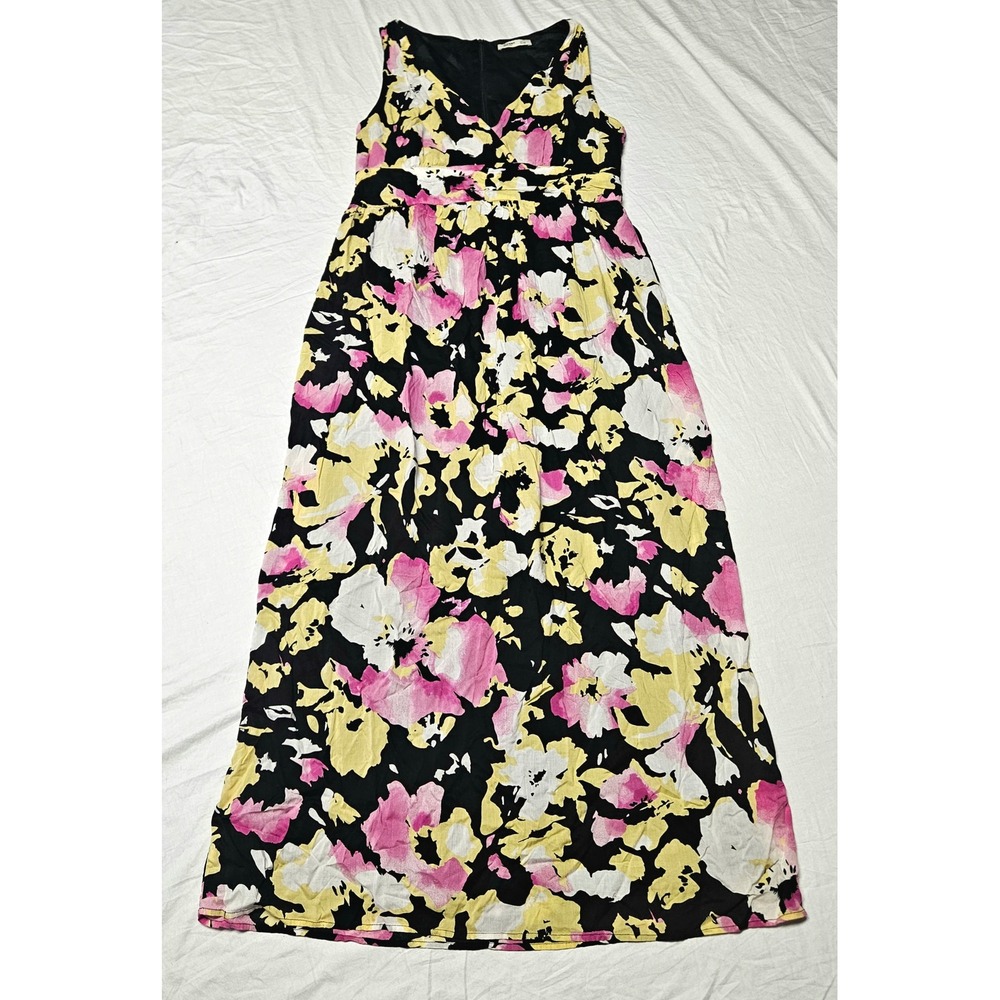 Old Navy Maxi Dress Womens 14 Black Pink Yellow Floral V-Neck Sleeveless Rayon